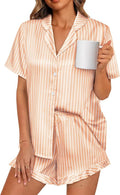 LILLUSORY Womens Satin Silk Pajamas Set 2 Piece Ruffle Pjs Winter Matching Lounge Sleepwear Button Down Striped Shirt Shorts
