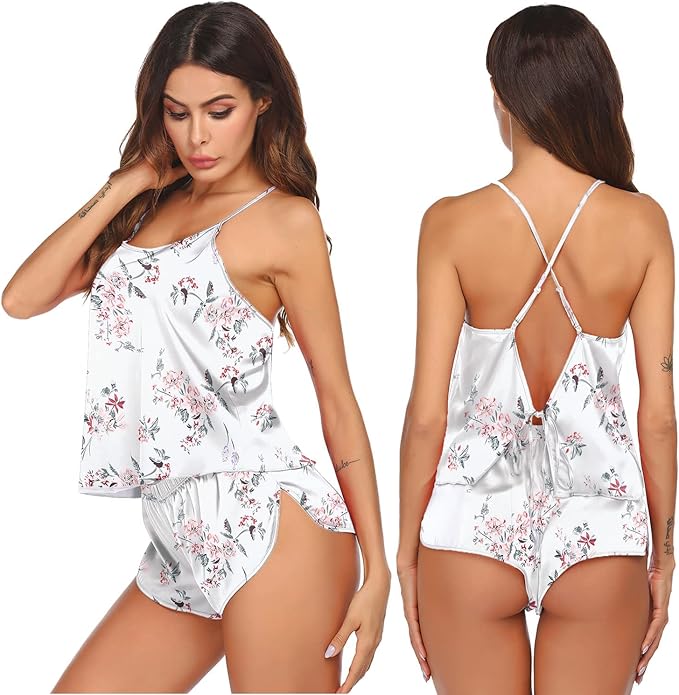 Ekouaer Silk Pajamas Set for Women Satin Backless Lingerie Pjs Cami Top and Shorts Nightwear