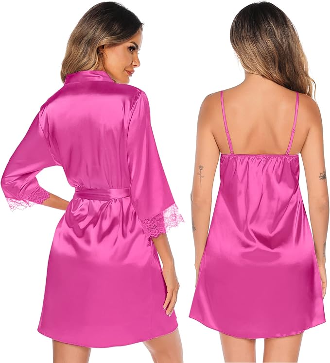 SWOMOG Women's Satin Robe Set 2 Piece Sexy Pajamas Sets Lace Cami Nightgown and Silk Robes Nightwear