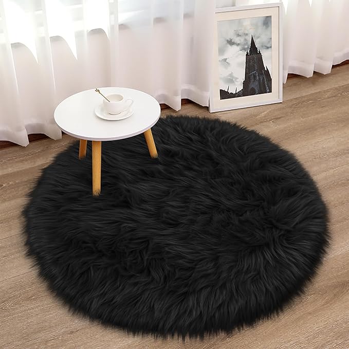 Black Round Rug for Bedroom, Fluffy Circle Rug 3 3 Feet for Kids Room, Furry Carpet for Teen's Room, Shaggy Circular Rug for Nursery Room, Fuzzy Plush Rug for Dorm, Black Carpet