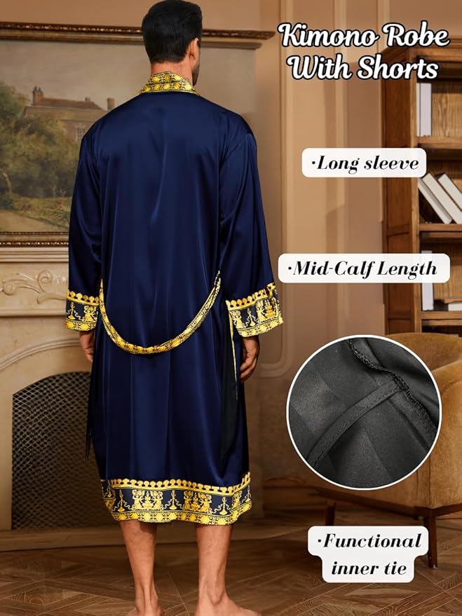 ChiaoLezhee Men's Luxury Silky Robe & Shorts Set, 2PC Lightweight Satin Pajamas with Pockets, Opulent Baroque Kimono Gifts