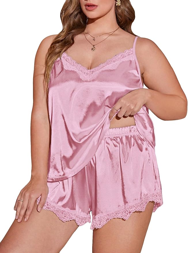 OYOANGLE Women's Plus Size 2 Piece Pajama Satin Lace Trim Cami Top and Shorts Sleepwear Set