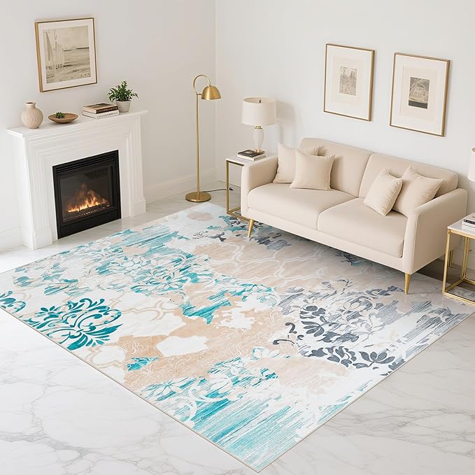 CRYPTOLITE Abstract Area Rug Washable Rug with Non-Slip Backing Low Pile Area Rugs for Living Room, Bedroom, Dining Room,4x6, Blue