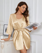 SAPJON Silk Pajamas for Women 5Pcs Sleepwear Loungewear Satin Robe Cami Shorts Pj Set