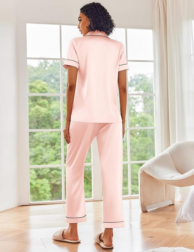 Ekouaer Satin Pajamas Set Women Short Sleeve Sleepwear Soft Button Down Loungewear Pjs Set