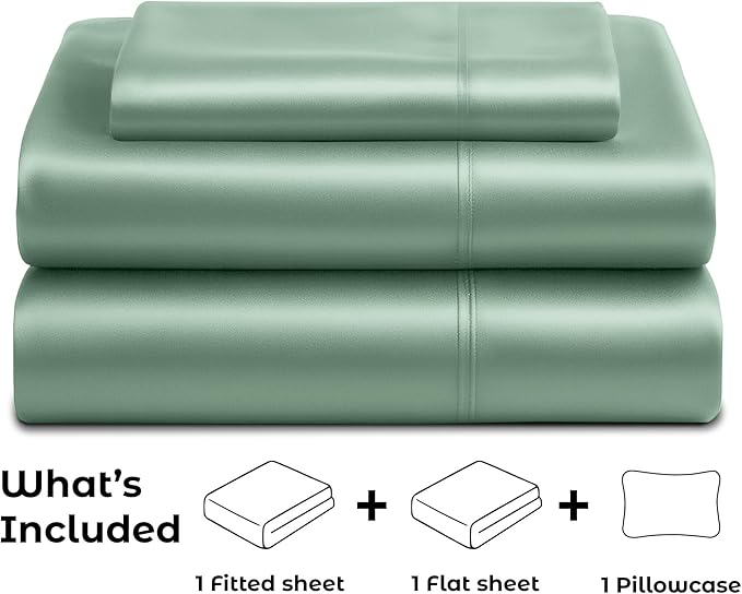 Pure Bedding Satin Sheets Twin [3-Piece, Champagne Green] Hotel Luxury Silky Bed Sheets - Extra Soft 1800 Microfiber Sheet Set, Wrinkle, Fade, Deep Pocket Fitted Sheet, Flat Sheet, Pillow Cases