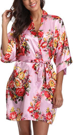 Women's Floral Satin Robes Bride Bridesmaid Getting Ready Robe Short Silky Kimono Sleepwear for Wedding Party
