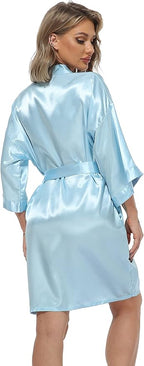 Women's Short Satin Robes Silky Bathrobe Bridesmaid Sleepwear for Wedding Party Getting Ready Solid Color