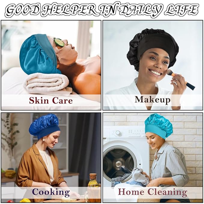 4Pcs Satin Bonnet Silk Bonnet, Hair Bonnet for Sleeping, Elastic Wide Band Silk Sleep Cap, Shower Cap Soft and Breathable (Blue Series)