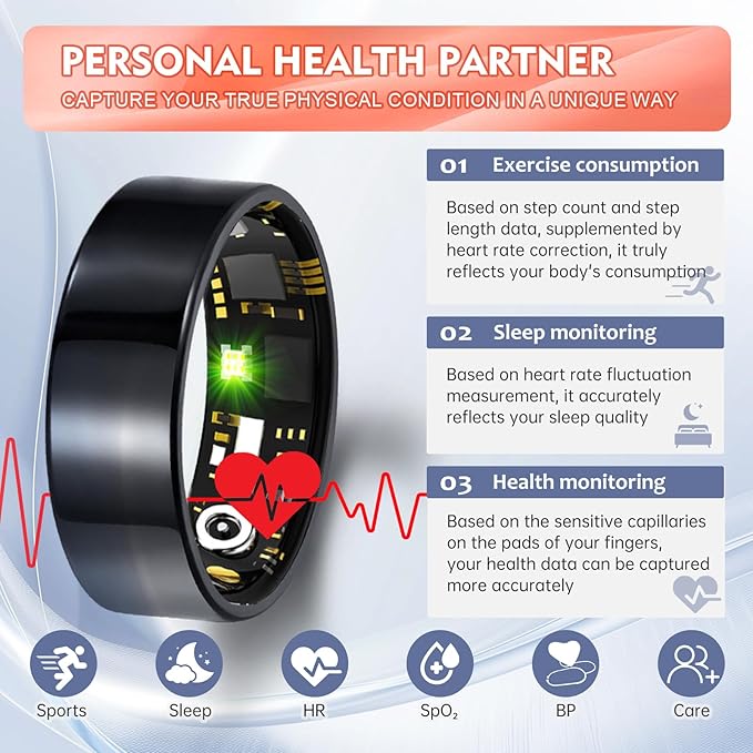 Smart Ring Health Tracker for Women, Sleep Tracker and Activity Monitoring, Heart Rate,SPO₂,Blood Pressure, No Subscription, Step Tracker Ring for iOS&Android (Black, #11)