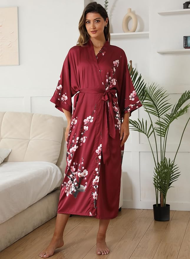 Kihnop Women's Floral Long Kimono Robe Long Satin Robe Long Silk Robe Ladies Kimonos Silky Bathrobe Cover Up, One Size