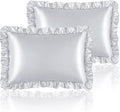 Silky Satin Ruffled Pillow Cases for Hair and Skin,Light Gray Silk Pillowcases Standard Set of 2 with Envelope Closure Princess Room Decoration