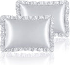 Silky Satin Ruffled Pillow Cases for Hair and Skin,Light Gray Silk Pillowcases King Set of 2 with Envelope Closure Princess Room Decoration