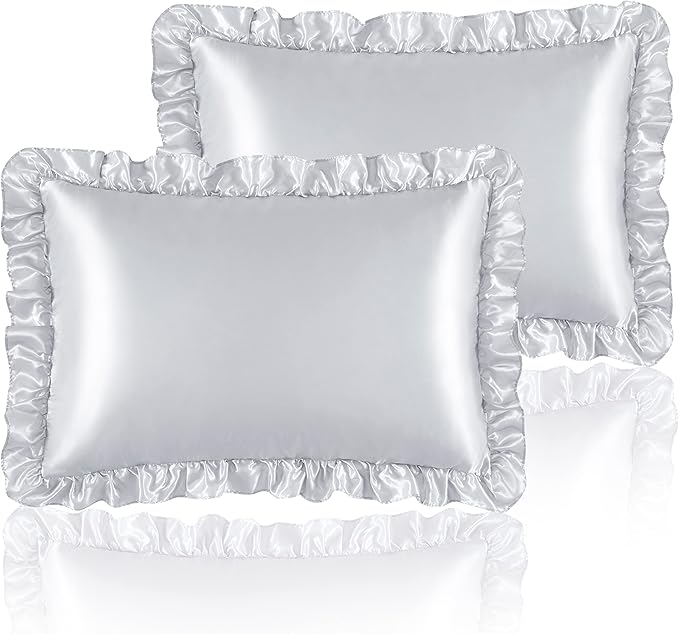 Silky Satin Ruffled Pillow Cases for Hair and Skin,Light Gray Silk Pillowcases King Set of 2 with Envelope Closure Princess Room Decoration
