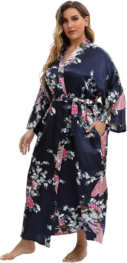 Women's Floral Long Satin Robes Plus Size Long Silk Robes Peacock Floral Kimonos Sleepwear Dressing Gown