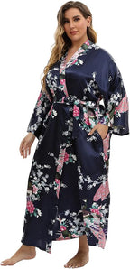 Women's Floral Long Satin Robes Plus Size Long Silk Robes Peacock Floral Kimonos Sleepwear Dressing Gown