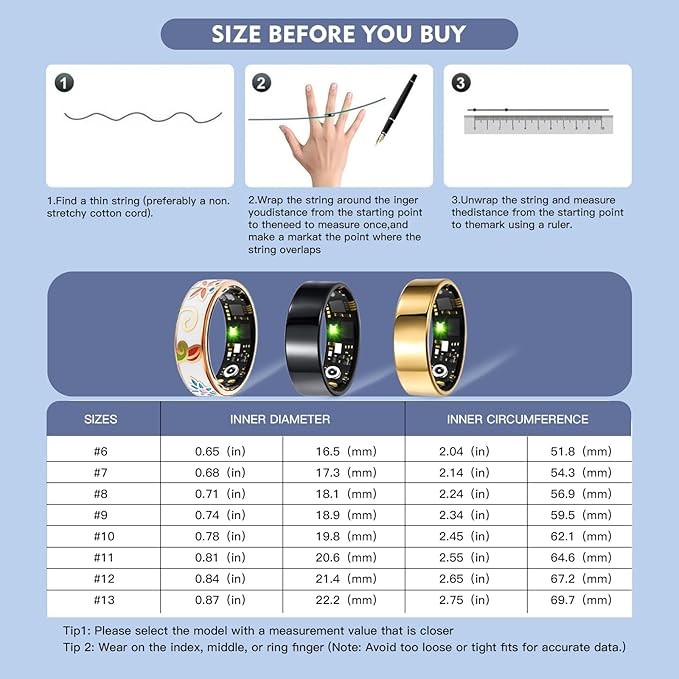 Smart Ring Health Tracker for Women Men, Sleep Tracker with Heart Rate,SPO₂,Blood Pressure, Fitness Ring for Activity Monitoring, No Subscription, Step Tracker Ring for iOS&Android (Gold, #7)