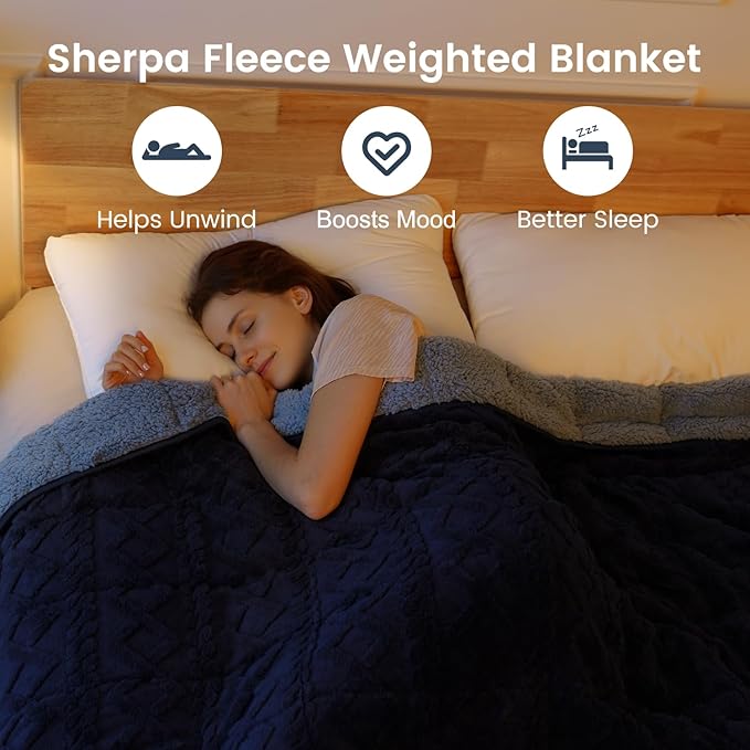 Sherpa Fleece Adult Weighted Blanket Great for Sleep, 15 lbs Dual Sided Soft Fuzzy Heavy Blankets for Couch Bed Sofa, Cozy Warm Fluffy Jacquard Throw for Winter (Navy Blue, 60" x 80", 15 Pounds)