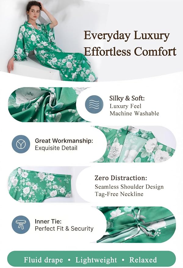 Aensso Long Soft Lightweight Silky Kimonos Robes for Women, Luxury Japanese Floral Womens Kimono Robe