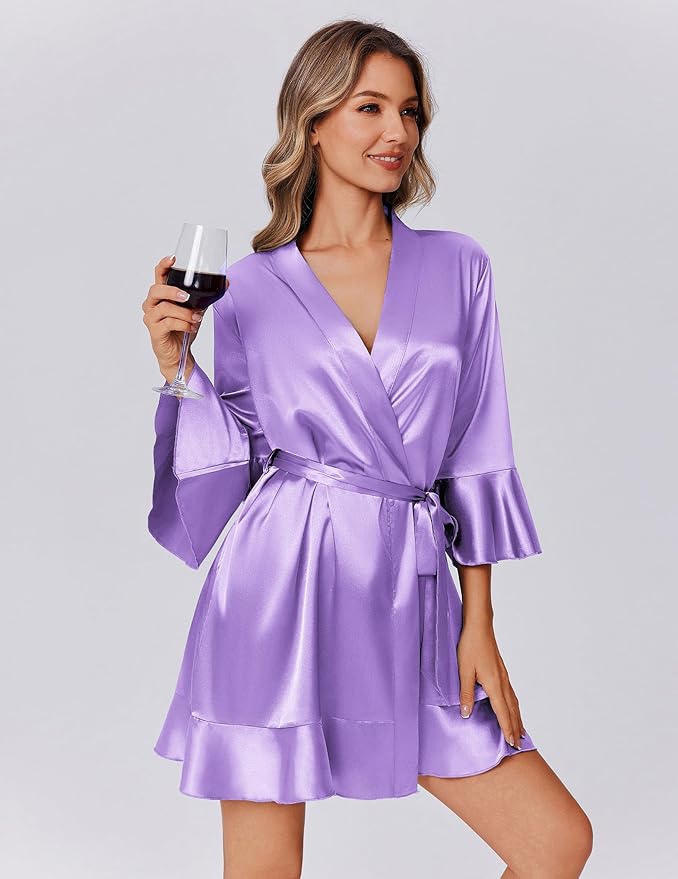 Ekouaer Women's Satin Robe Short Ruffle Hem Silky Robes Lightweight Kimono Brides Bathrobes Sleepwear XS-XXL