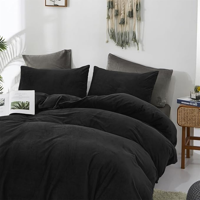 CLOTHKNOW Black King Size Comforter Set Velvet Bedding Comforter Sets Soft Comforter Cozy Black Comforter with 2 x Pillowcases