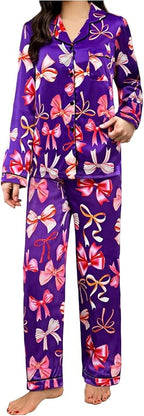 WDIRARA Women's 2 Piece Bowknot Print Satin Pajama Set Long Sleeve Button Down Lounge Pants Sleepwear Sets