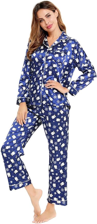 SWOMOG Womens Silk Satin Pajamas Set Long Sleeve Button Down Sleepwear 2 Piece Lounge Set Pj Set XS-3XL