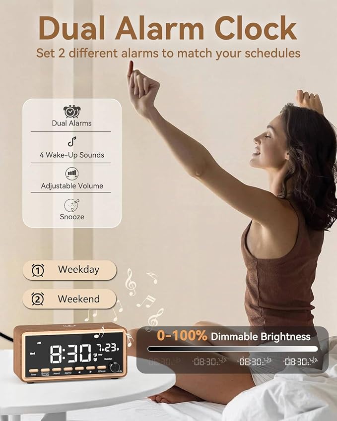 Digital Alarm Clocks Radio for Bedrooms,FM Radio & White Noise Sound Machine with Timer,Bluetooth Speaker,Dual Alarm Clock with Wireless Charging,Dimmable Big LED Display,Holiday Gifts for Men Women