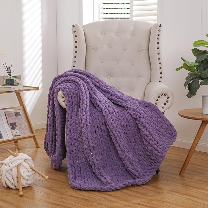 WESHIONGOO Chunky Knit Blanket Throw Knitted Throw Blankets for Couch Bed Fluffy Soft Blanket with Jumbo Chenille Yarn Thick 100% Handmade (Purple, 51"×63")