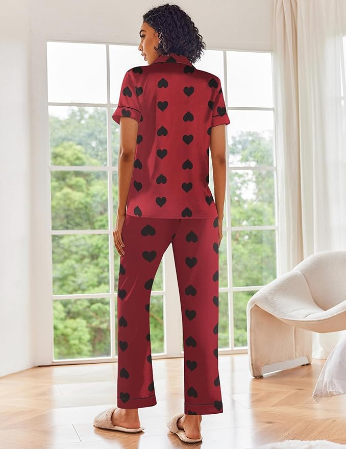 Ekouaer Silk Satin Pajamas Set Women Short Sleeve Sleepwear Soft Button Down Loungewear Pjs Set