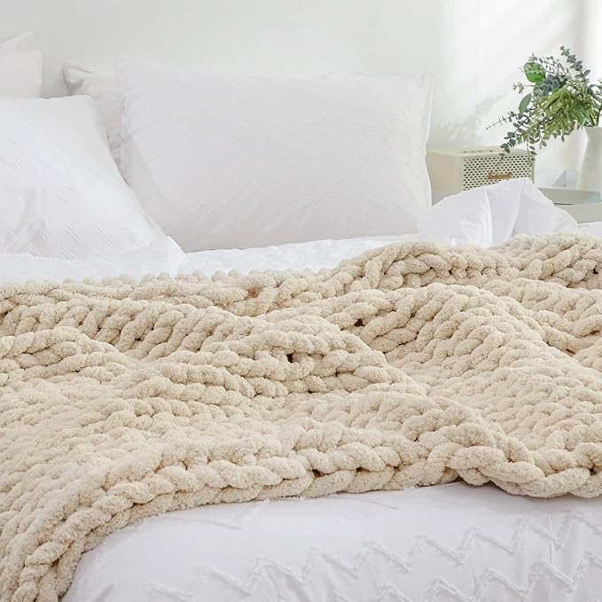 YAAPSU Chunky Knit Throw Blanket for Couch, 51"x63", 100% Hand Knitted Thick Cable Knit with Cozy Jumbo Chenille Yarn, Soft Large Rope Knot Crochet Blankets for Sofa Bed Living Room Décor, Beige