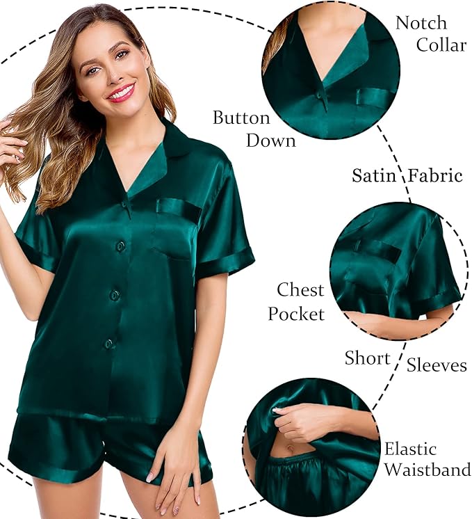 LecGee Womens Silk Satin Pajamas Short Sleeve Loungewear Two-Piece Sleepwear Button-Down Pj Set