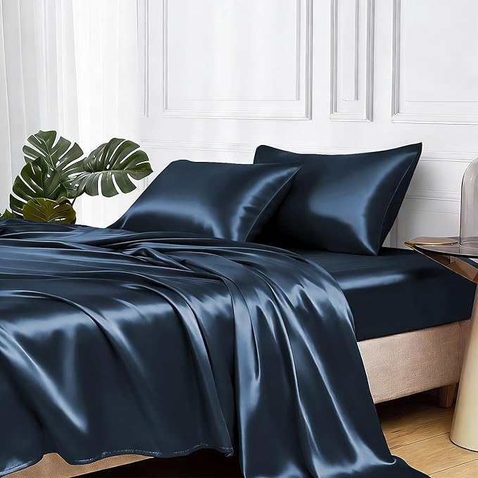 MR&HM Satin Bed Sheets with Elastic Corner Straps, King Size Sheets Set, 4 Pcs Silky Bedding Set with 15 Inches Deep Pocket for Mattress (King, Mood Indigo)