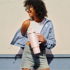 32 oz Tumbler with Handle and Straw: Stainless Steel Insulated Tumbler Keeps Cold for 24 Hours, Leakproof Travel Cup Fits in Cup Holder and BPA-Free, Cotton Candy