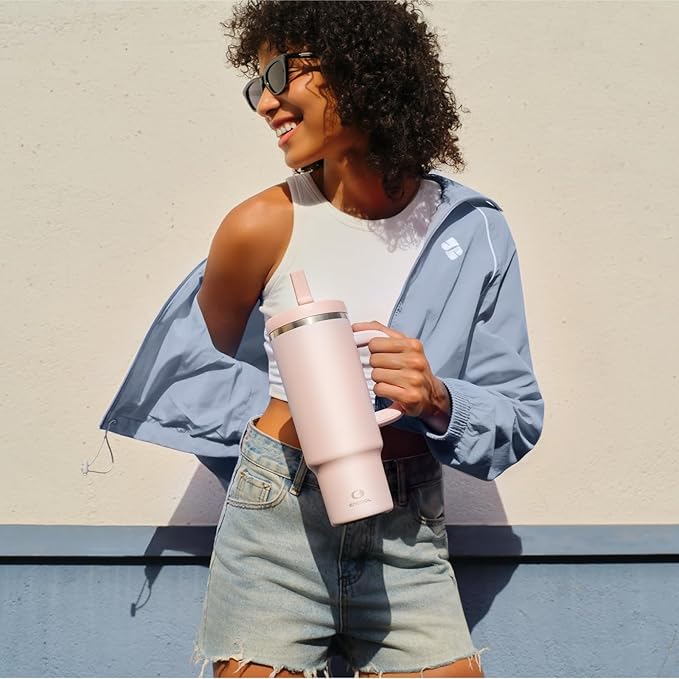 40 oz Tumbler with Handle and Straw: Stainless Steel Insulated Tumbler Keeps Cold for 24 Hours, Leakproof Travel Cup Fits in Cup Holder and BPA-Free, Cotton Candy