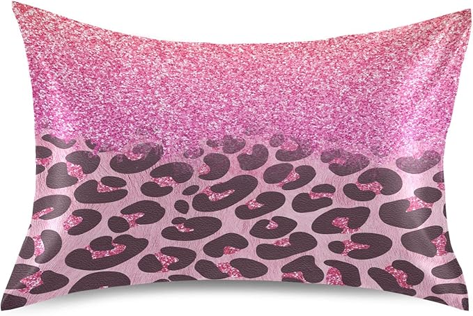 Satin Pillowcase for Hair and Skin, Pink Glitters Leopard Prints Silk Pillowcase Soft and Cozy Body Pillow Covers, Standard Size Satin Pillow Cases with Envelope Closure(20x26 Inch), 1PC