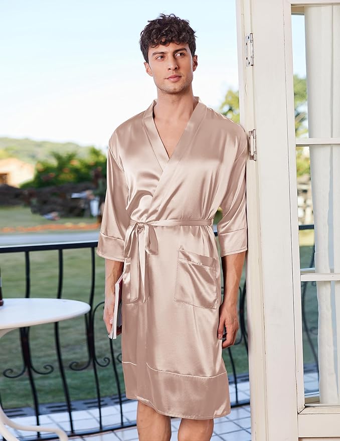 Ekouaer Mens Satin Robe Lightweight Silky Kimono Bathrobe 3/4 Sleeve Spa Knee Length Loungewear with Pockets S-3XL