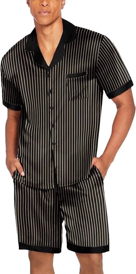 Ekouaer Men Satin Silk Pajamas Set with Pockets Sleepwear Shorts Satin Summer Loungewear 2 Piece Button Down Set S-3XL