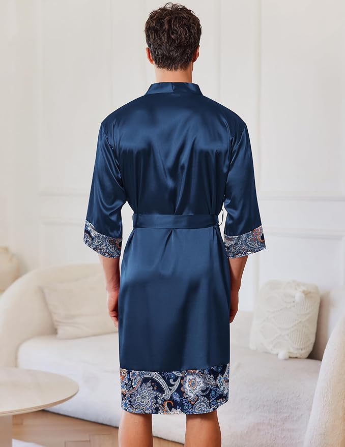 Ekouaer Mens Satin Robe Lightweight Silky Kimono Bathrobe 3/4 Sleeve Spa Knee Length Loungewear with Pockets S-3XL