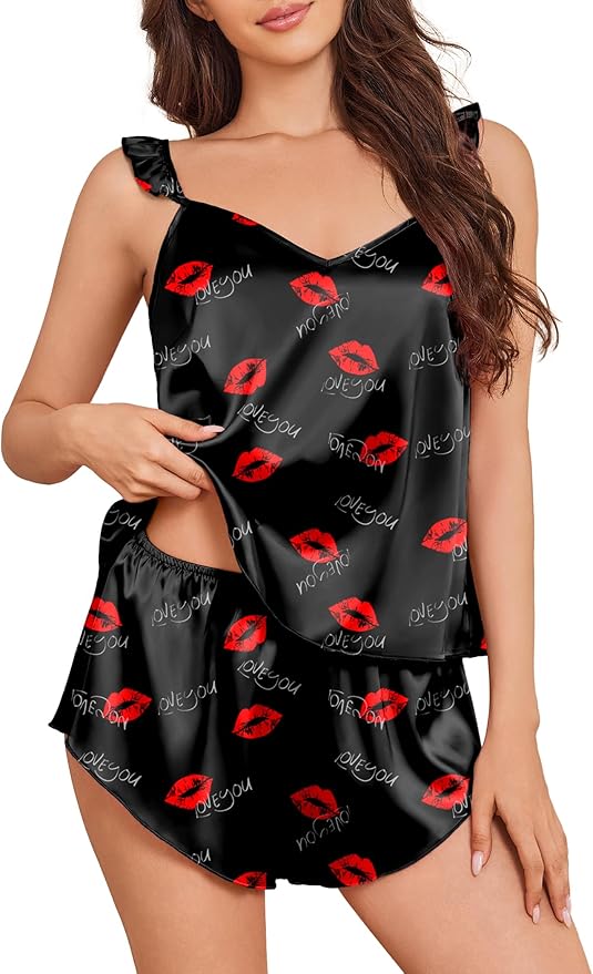 Ekouaer Satin Pajama Set for Women, Backless Silk Lingerie Pjs Back Tie-up Camisole Top and Shorts with Ruffle Sleepwear