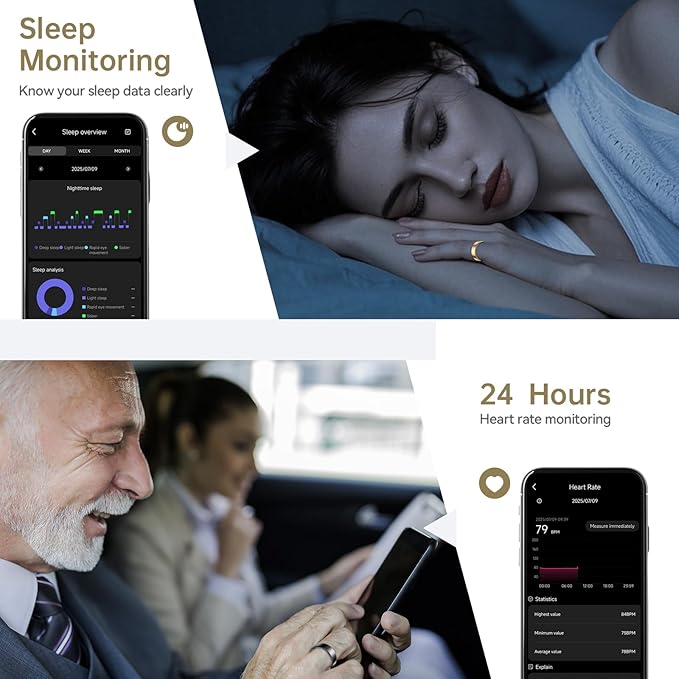 Smart Ring for Women & Men, Fitness Tracker with Heart Rate, Blood Oxygen, Sleep Monitoring, Long-Lasting Battery, IP68 Waterproof (Black, 8#)
