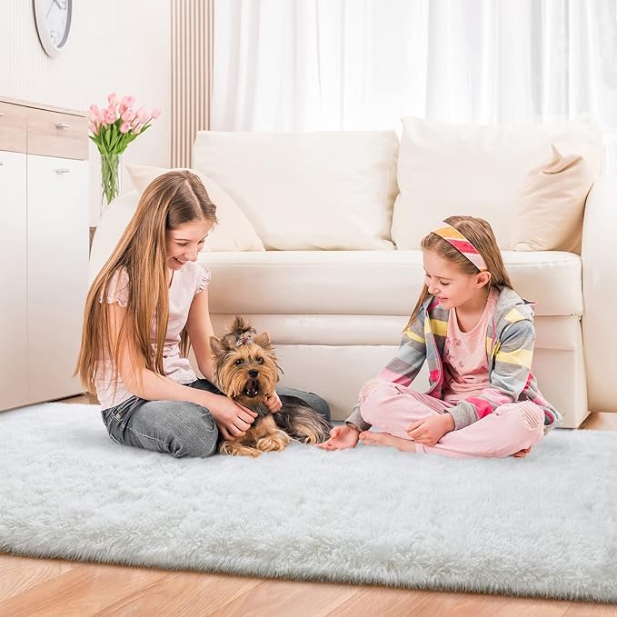 Jelymark Super Soft Shaggy Rug for Bedroom, 6x9 Feet Fluffy Carpet for Living Room, Fuzzy Indoor Plush Area Rug for Home Decor, Furry Floor Rugs for Dorm, Kids Nursery Rug for Girls, Cream White