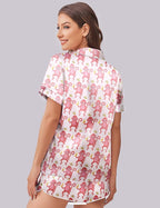 Ekouaer Womens Silk Satin Pajama Set Print Short Sleeve Sleepwear Button Down Pjs Shorts Set Loungewear