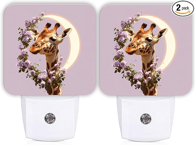 Giraffe Night Lights Plug Into Wall, Fanciful Nature-Inspired Roses Moon None Peach Plug in Night Light with Dusk to Dawn Sensor for Entryway Garage Stairs Decor 2pcs