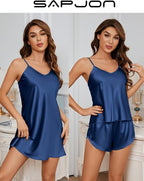 SAPJON Silk Pajamas for Women 5Pcs Sleepwear Loungewear Satin Robe Cami Shorts Pj Set