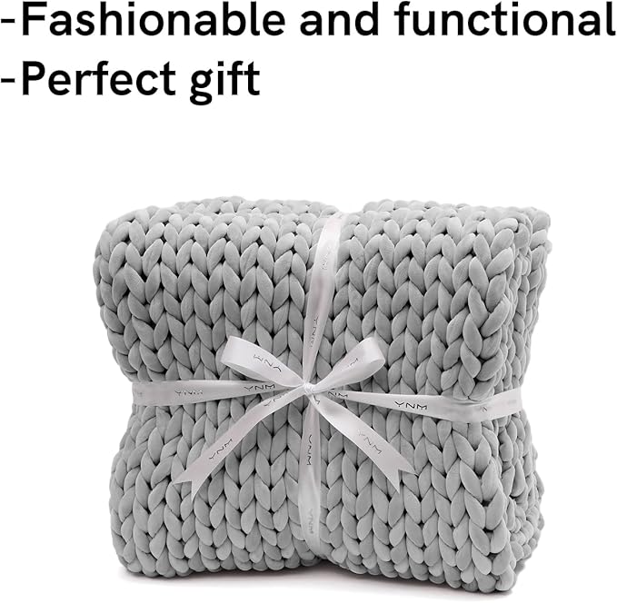YnM Velvet Weighted Blanket, Handmade Chunky Knitted Design, Soft and Cozy, Temperature Regulating and Breathable, Machine Washable Throw for Sleep or Home Decor (Light Grey, 80x87 Inch, 25lbs)