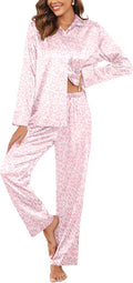 Ekouaer Women Satin Silk Pajamas Classic Long Sleeve Button Down Pjs Set Soft Loungewear