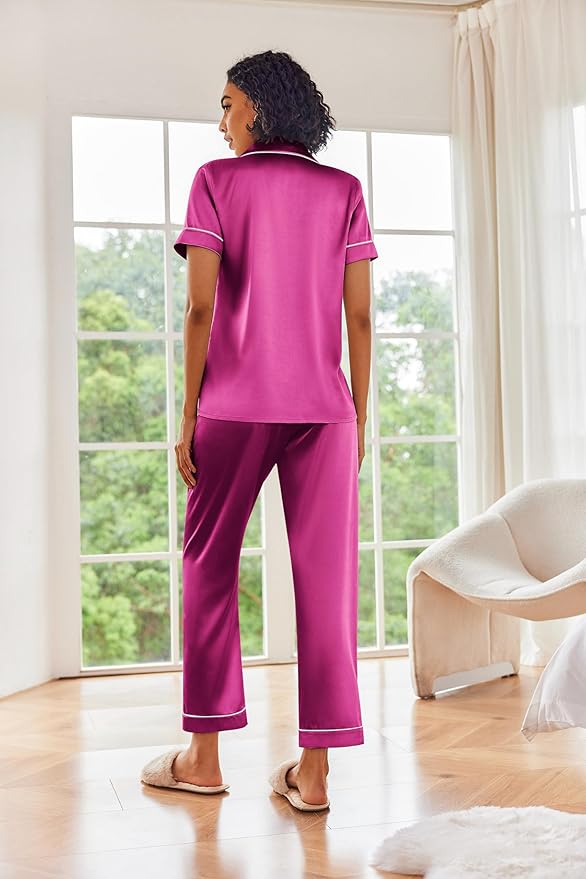 Ekouaer Silk Satin Pajamas Set Women Short Sleeve Sleepwear Soft Button Down Loungewear Pjs Set