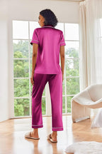 Ekouaer Silk Satin Pajamas Set Women Short Sleeve Sleepwear Soft Button Down Loungewear Pjs Set