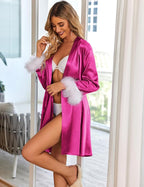 Ekouaer Women's Satin Robe Short Bridesmaid Bride Feather Bridal Robe Kimono Silky Long Sleeve Bathrobe S-XXL